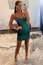 Chic V-Neck Beaded Satin Sheath Homecoming Dress with Appliques BM bride