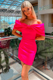 Stylish Barbie Pink Off-the-Shoulder Sheath Homecoming Dress BM bride