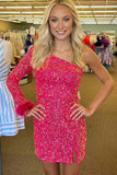 Elegant Sheath One Shoulder Homecoming Dress Adorned with Feathers BM bride