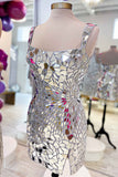 Sophisticated Square Neck Silver Cut Mirror Sequin Bodycon Homecoming Dress BM bride