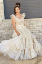Stunning V-Neck Ivory Appliques Tiered Tulle Prom Dress with Flowing Sleeves BM bride