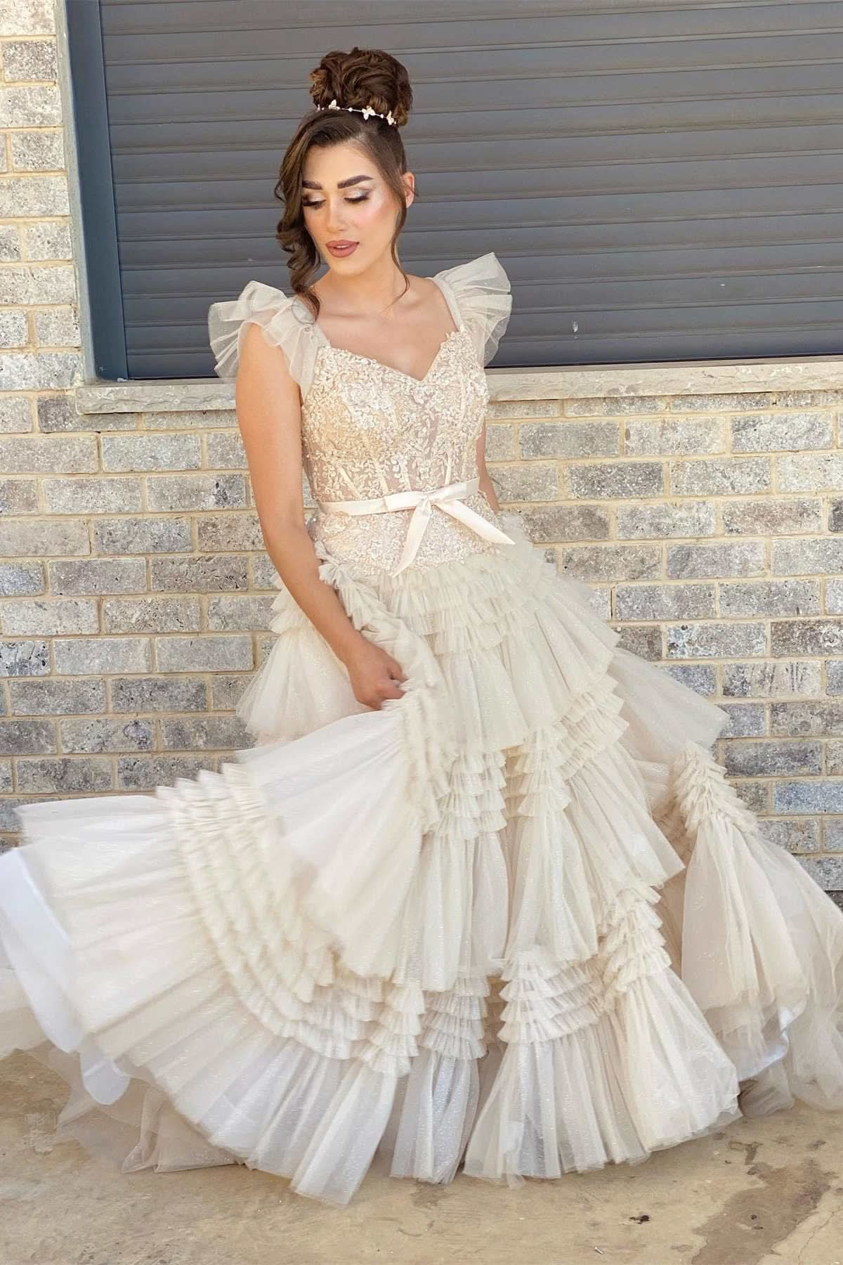 Stunning V-Neck Ivory Appliques Tiered Tulle Prom Dress with Flowing Sleeves BM bride