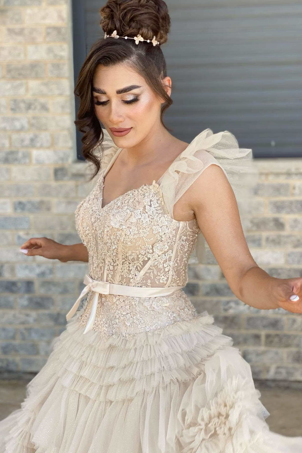 Stunning V-Neck Ivory Appliques Tiered Tulle Prom Dress with Flowing Sleeves BM bride