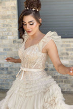 Stunning V-Neck Ivory Appliques Tiered Tulle Prom Dress with Flowing Sleeves BM bride