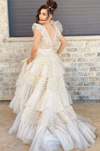 Stunning V-Neck Ivory Appliques Tiered Tulle Prom Dress with Flowing Sleeves BM bride