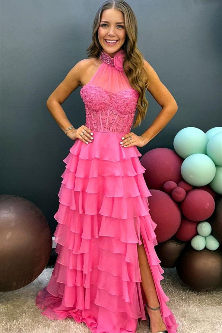 Charming A-Line High Neck Tiered Chiffon Prom Dress with 3D Flower BM bride