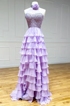 Charming A-Line High Neck Tiered Chiffon Prom Dress with 3D Flower BM bride