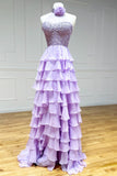 Charming A-Line High Neck Tiered Chiffon Prom Dress with 3D Flower BM bride