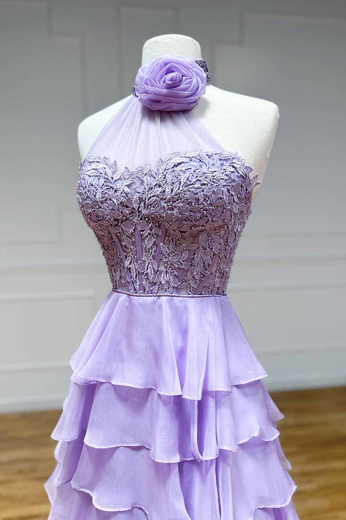 Charming A-Line High Neck Tiered Chiffon Prom Dress with 3D Flower BM bride