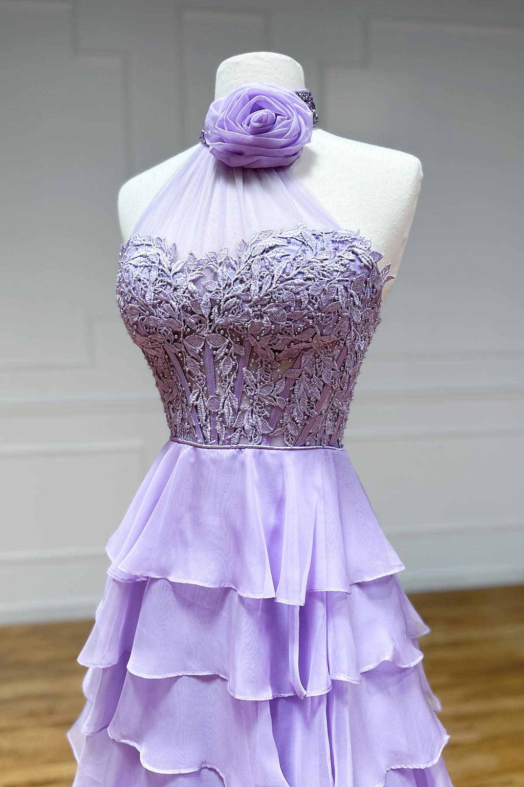 Charming A-Line High Neck Tiered Chiffon Prom Dress with 3D Flower BM bride