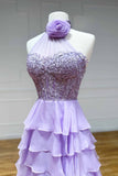 Charming A-Line High Neck Tiered Chiffon Prom Dress with 3D Flower BM bride