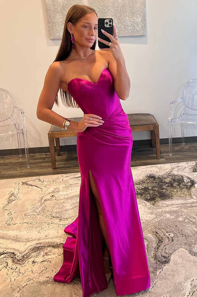 Romantic Mermaid Sweetheart Satin Prom Dress with Slit BM bride