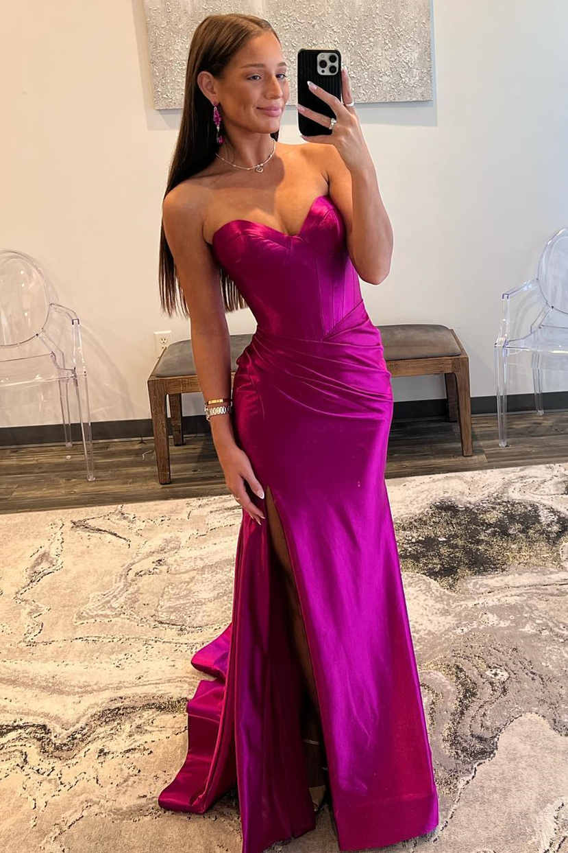 Romantic Mermaid Sweetheart Satin Prom Dress with Slit BM bride