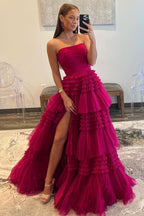 Elegant A-Line Strapless Tulle Long Prom Dress with Tiered Ruffles BM bride