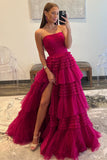 Elegant A-Line Strapless Tulle Long Prom Dress with Tiered Ruffles BM bride
