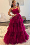 Elegant A-Line Strapless Tulle Long Prom Dress with Tiered Ruffles BM bride