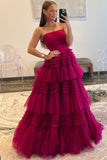 Elegant A-Line Strapless Tulle Long Prom Dress with Tiered Ruffles BM bride