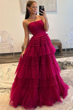 Elegant A-Line Strapless Tulle Long Prom Dress with Tiered Ruffles BM bride