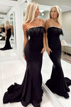 Lovely Strapless Black Feathers Mermaid Long Party Dress BM bride