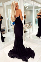 Lovely Strapless Black Feathers Mermaid Long Party Dress BM bride