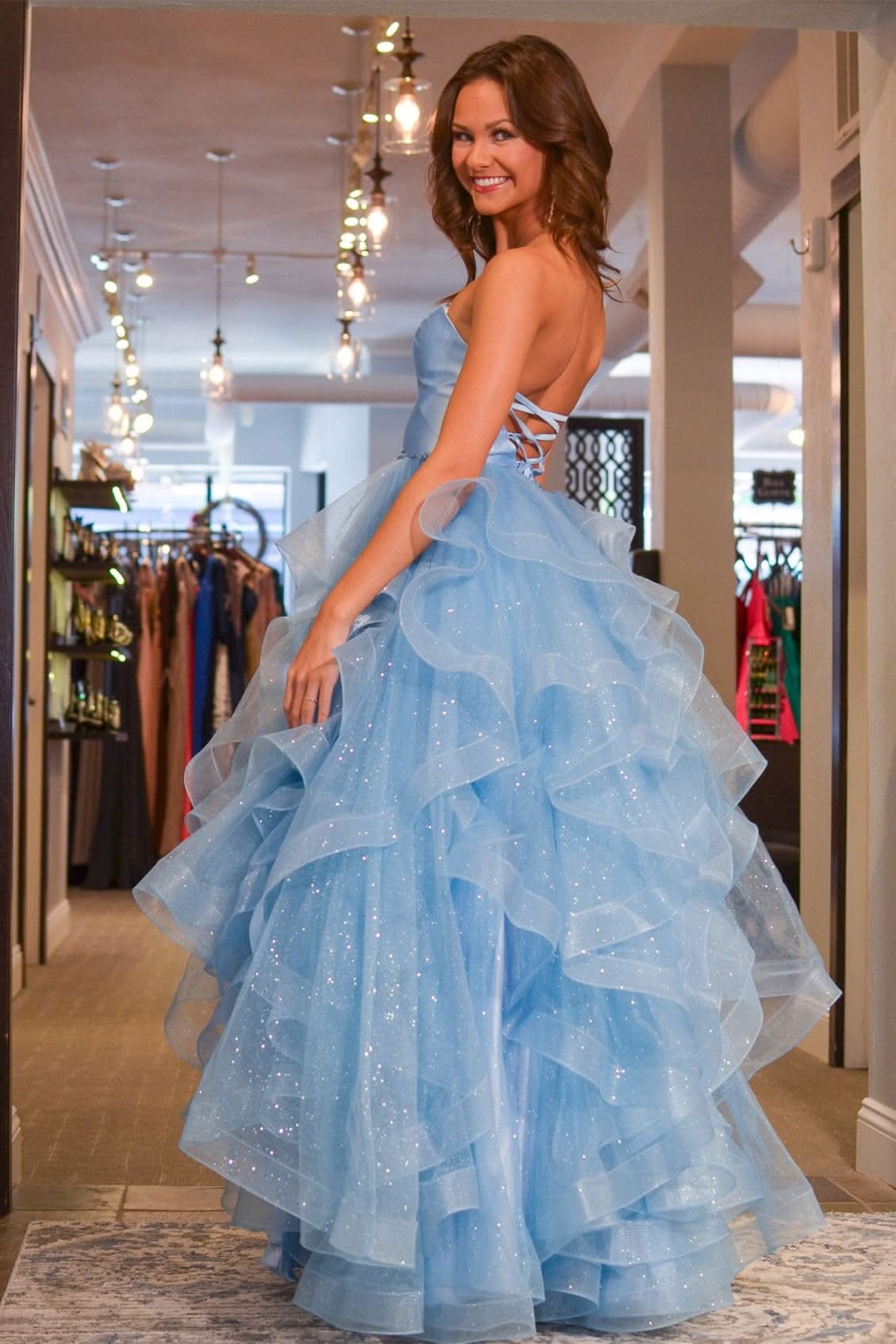 Charming Princess Strapless Satin Glitter Tulle Prom Dress BM bride