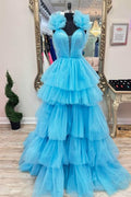 Chic Fuchsia V-Neck Cutout Long Prom Dress with Eye-catching Beading BM bride