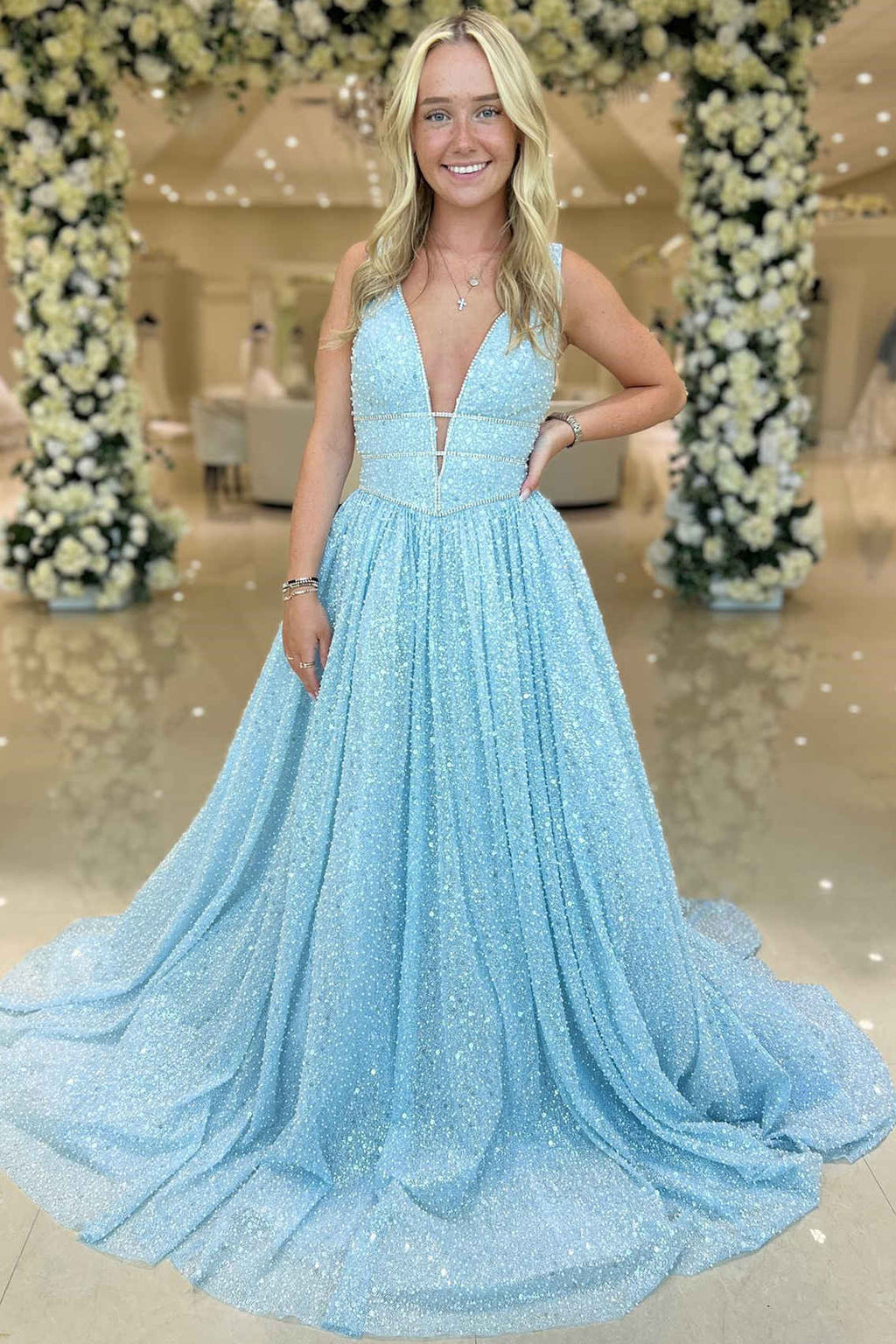 Vibrant A-Line Plunging V Neck Sequins Prom Dress BM bride