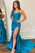 Lovely Straps Teal V-Neck Ruched Long Prom Dress BM bride