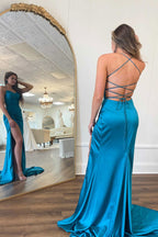 Lovely Straps Teal V-Neck Ruched Long Prom Dress BM bride