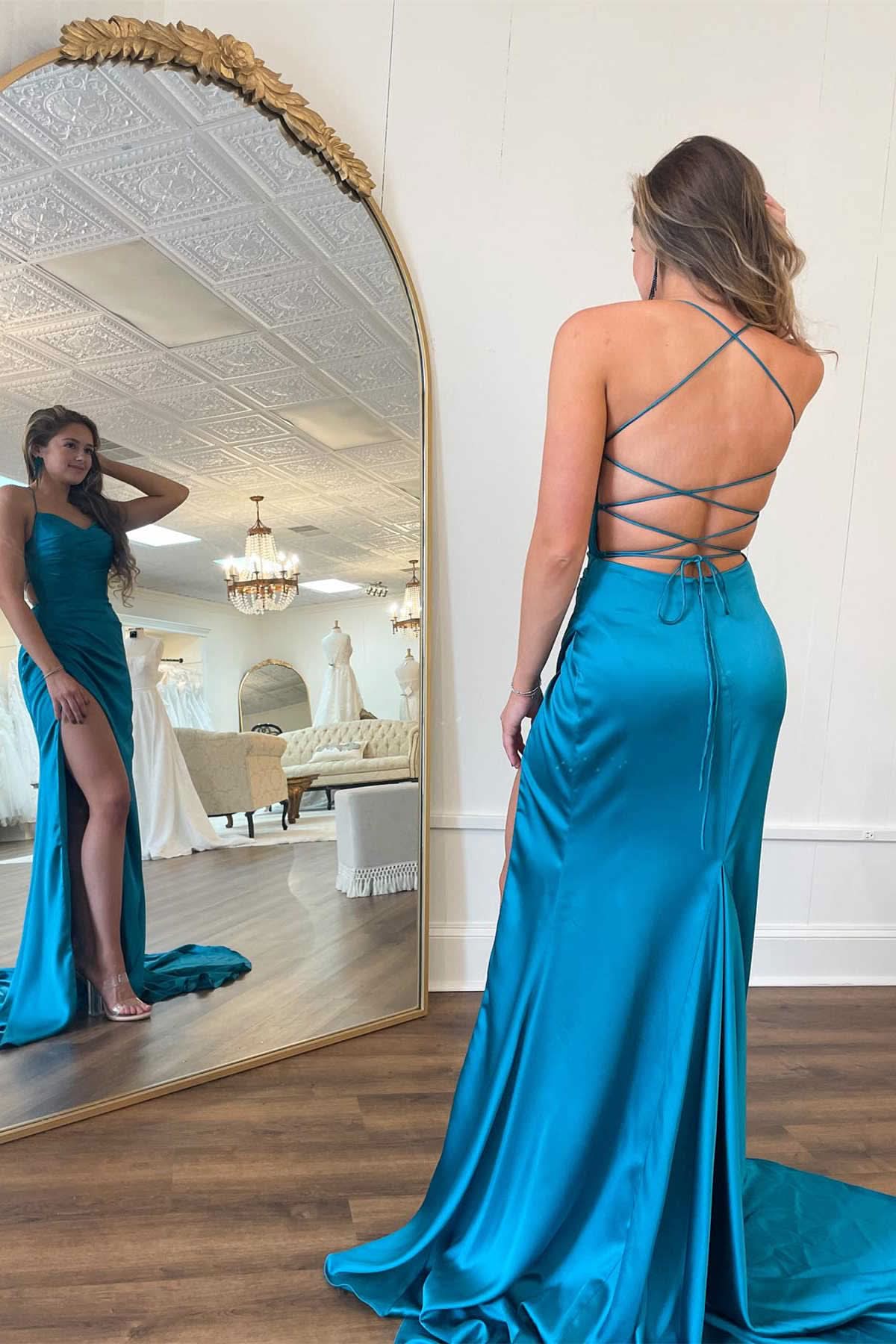 Lovely Straps Teal V-Neck Ruched Long Prom Dress BM bride