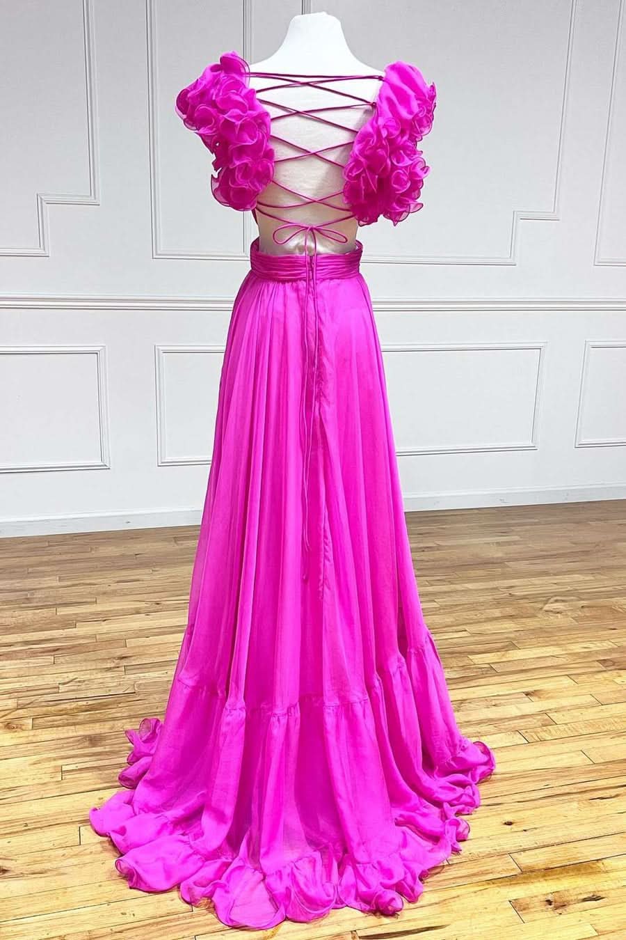 Charming Lace-Up Fuchsia V-Neck Ruffle Pleated Long Prom Dress BM bride