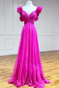 Charming Lace-Up Fuchsia V-Neck Ruffle Pleated Long Prom Dress BM bride
