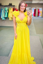 Charming Lace-Up Fuchsia V-Neck Ruffle Pleated Long Prom Dress BM bride