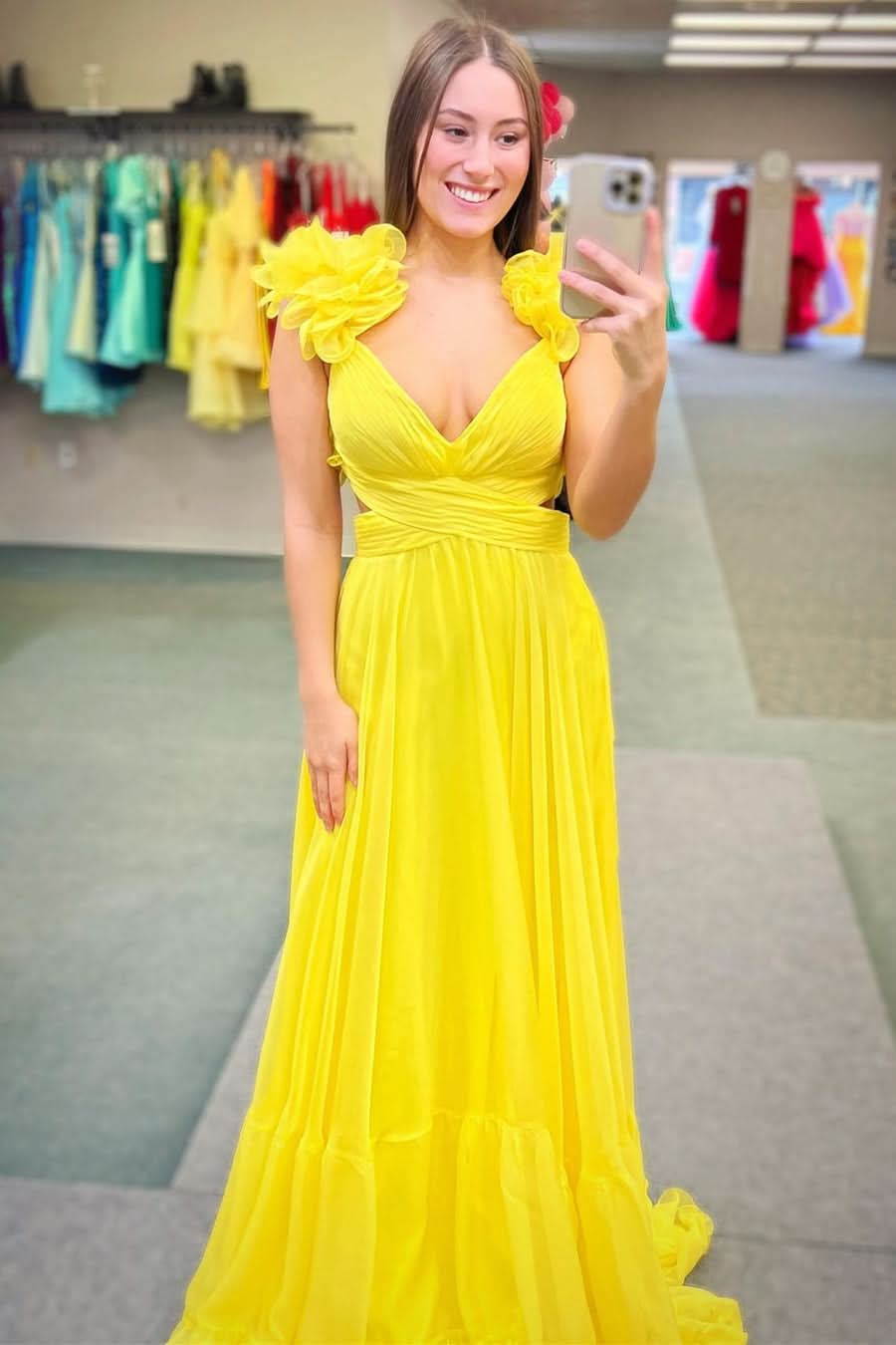 Charming Lace-Up Fuchsia V-Neck Ruffle Pleated Long Prom Dress BM bride