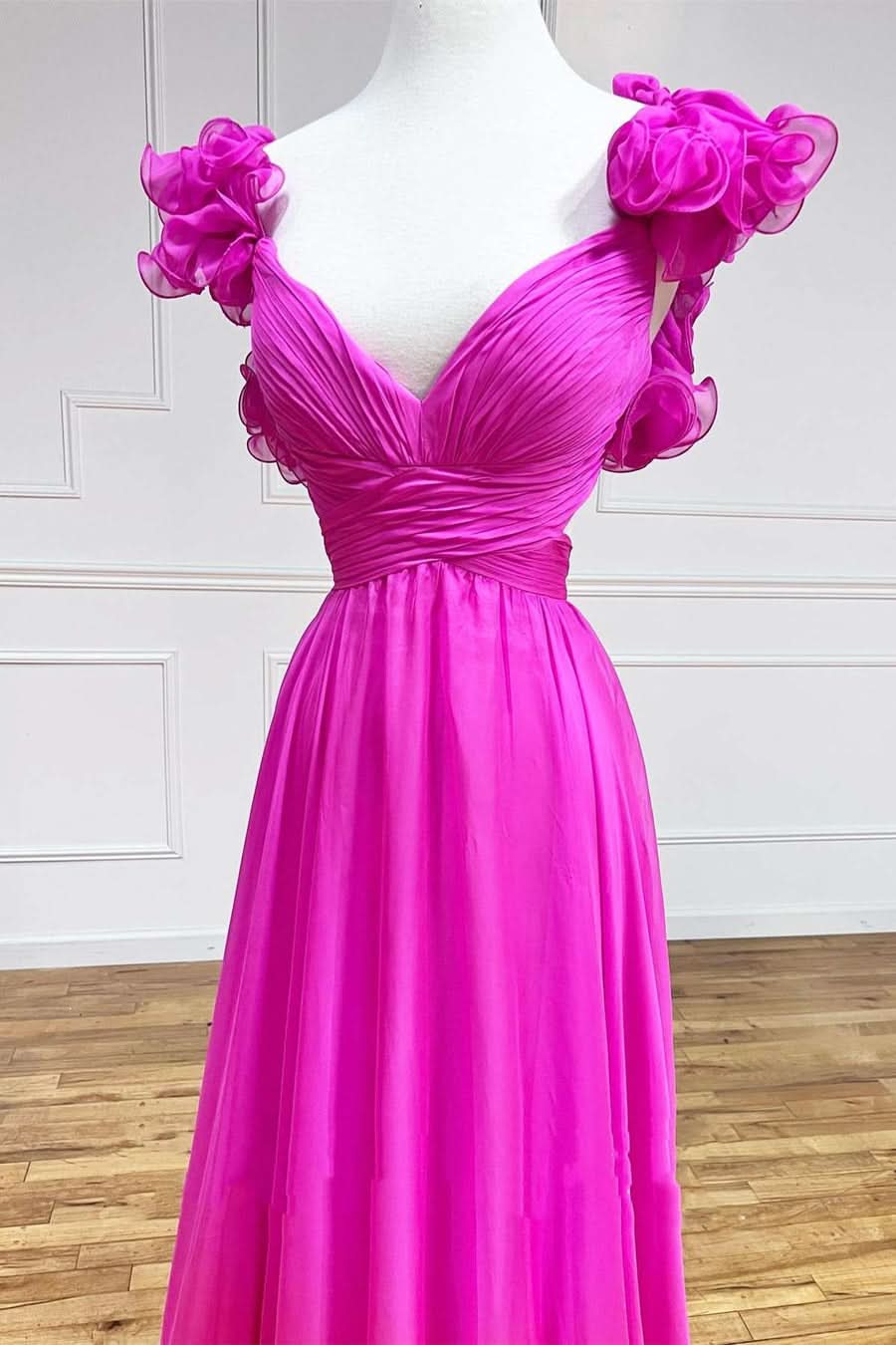 Charming Lace-Up Fuchsia V-Neck Ruffle Pleated Long Prom Dress BM bride