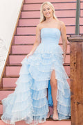 Delicate Light Blue Strapless Layered Tulle Prom Dress with Sequins BM bride