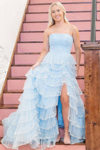 Delicate Light Blue Strapless Layered Tulle Prom Dress with Sequins BM bride