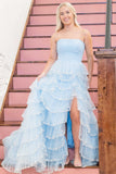 Delicate Light Blue Strapless Layered Tulle Prom Dress with Sequins BM bride