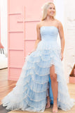 Delicate Light Blue Strapless Layered Tulle Prom Dress with Sequins BM bride