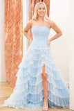 Delicate Light Blue Strapless Layered Tulle Prom Dress with Sequins BM bride