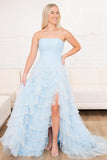 Delicate Light Blue Strapless Layered Tulle Prom Dress with Sequins BM bride