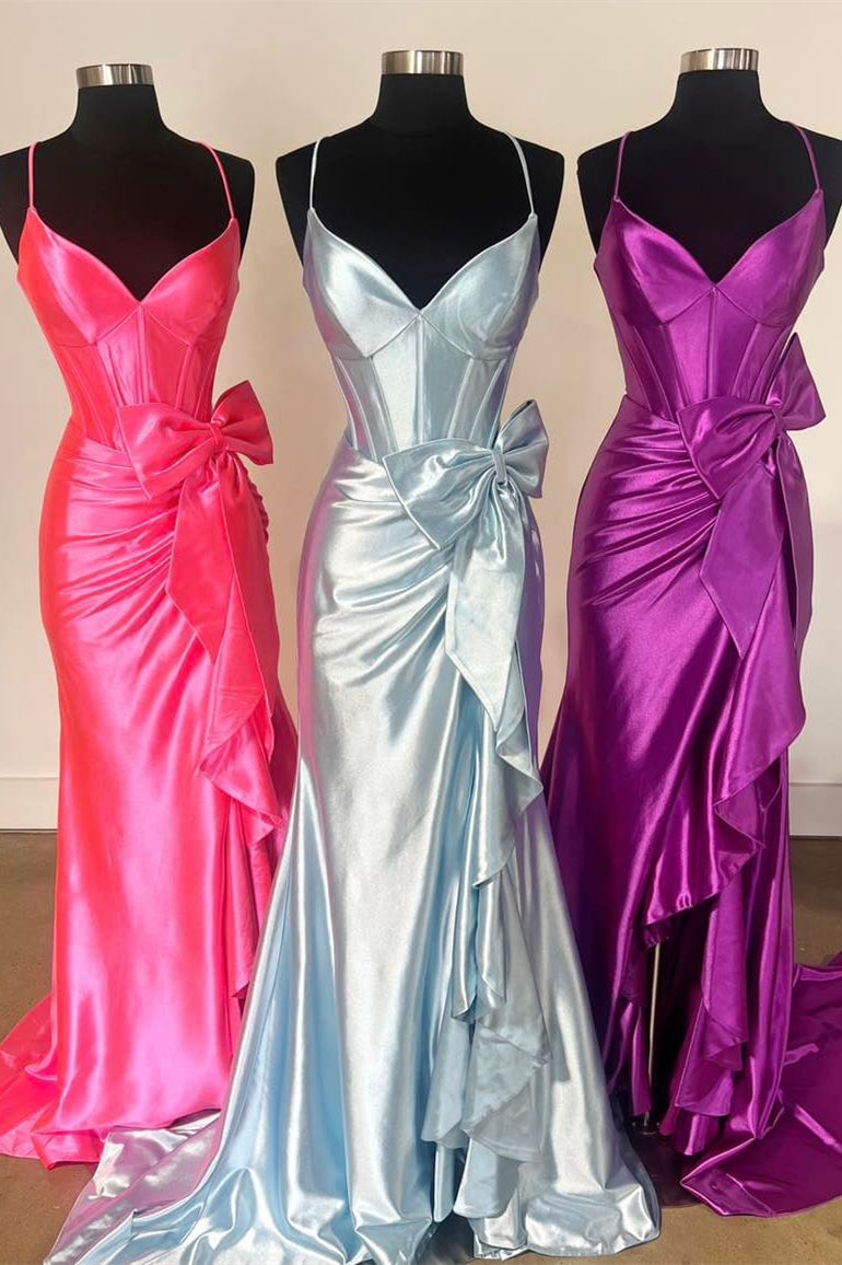 Stylish Straps V-Neck Satin Mermaid Prom Dress with Bow BM bride