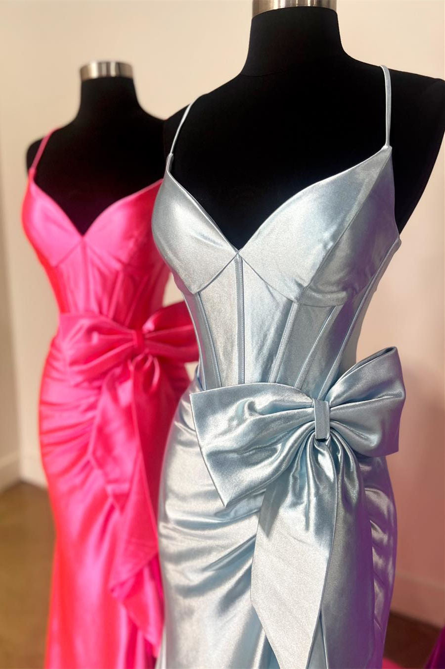 Stylish Straps V-Neck Satin Mermaid Prom Dress with Bow BM bride