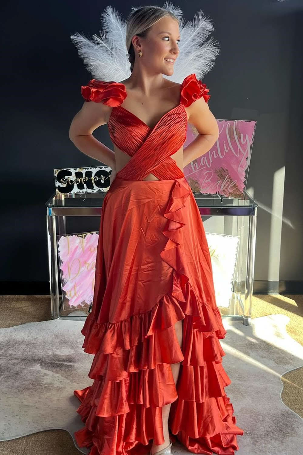 Bold Red Cutout Ruffle A-Line Long Prom Dress with Slit BM bride