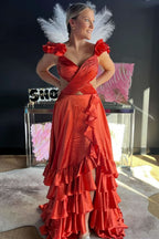Bold Red Cutout Ruffle A-Line Long Prom Dress with Slit BM bride