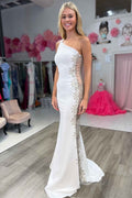 Graceful Mermaid White One-Shoulder Beaded Long Formal Dress BM bride
