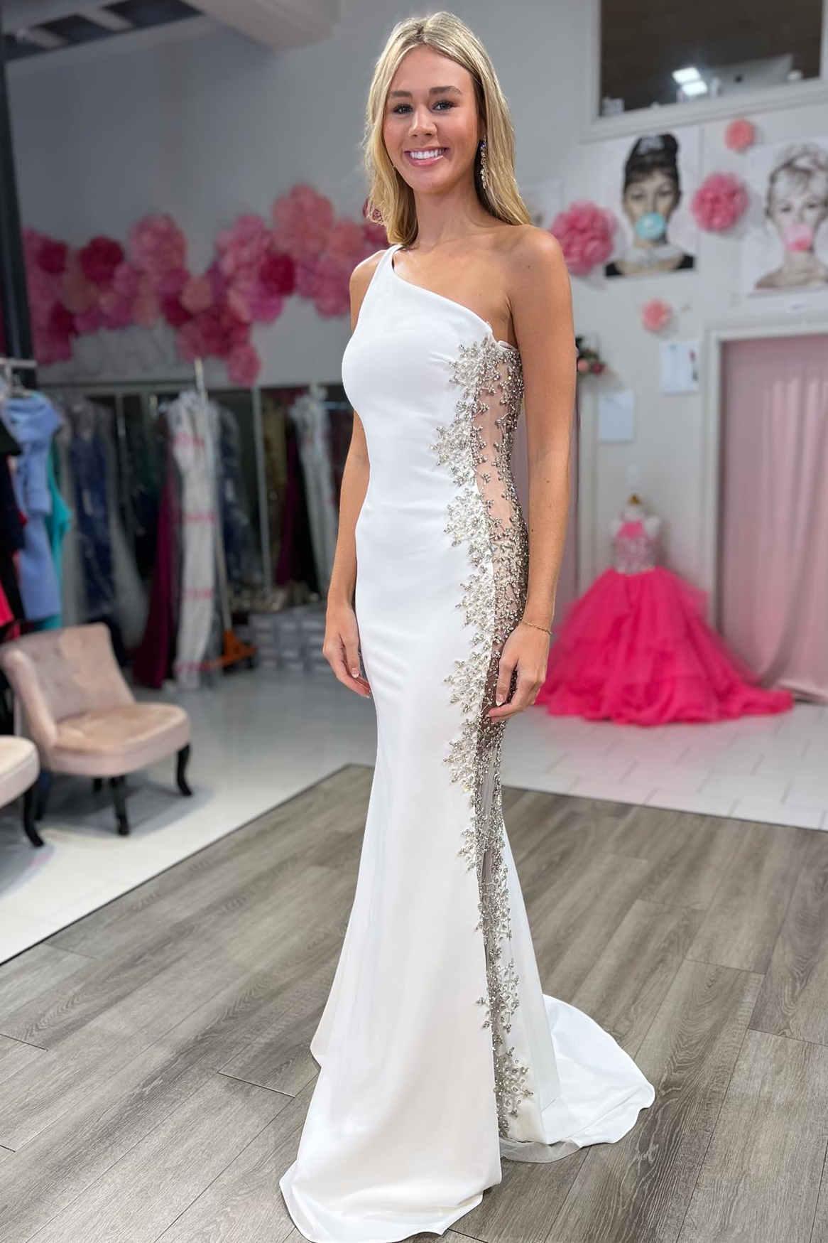 Graceful Mermaid White One-Shoulder Beaded Long Formal Dress BM bride
