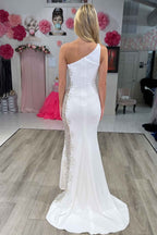 Graceful Mermaid White One-Shoulder Beaded Long Formal Dress BM bride