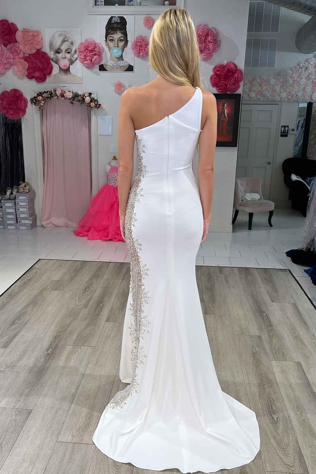 Graceful Mermaid White One-Shoulder Beaded Long Formal Dress BM bride