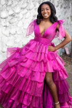 Glamorous Glitter Tie Straps Pink Plunging Neck Tiered Long Prom Dress BM bride